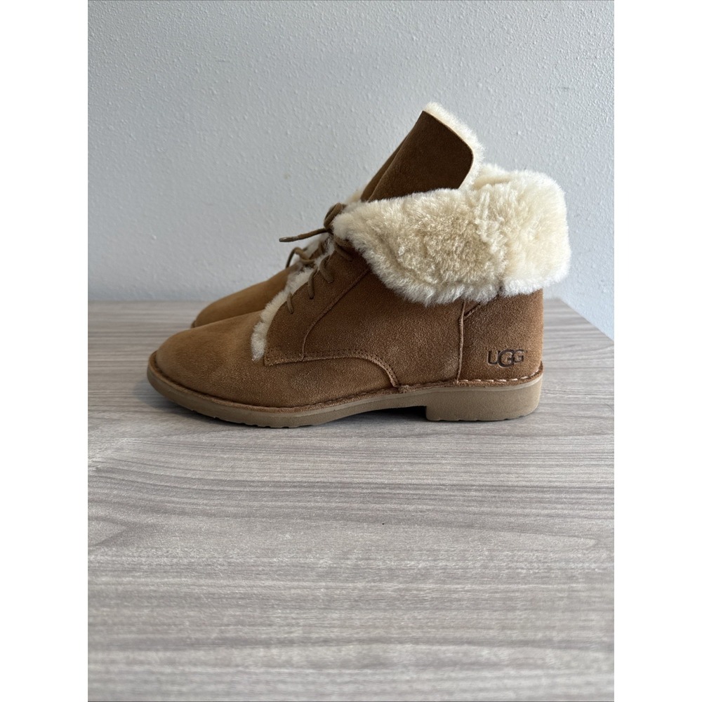 UGG Quincy Sheepskin Lace Up Ankle Boots Suede Brown Cozy Women's Sz  11